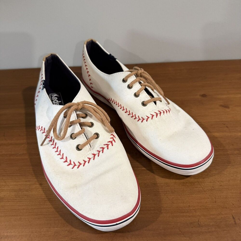 Keds Champion Pennant Baseball Canvas Sneakers Womens Size 11 White Red Stitch